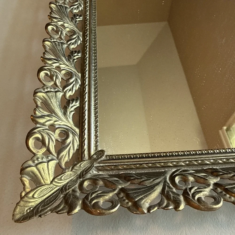 Vintage Gold Tone Filigree Hollywood Regency Vanity Mirror Tray 15x10